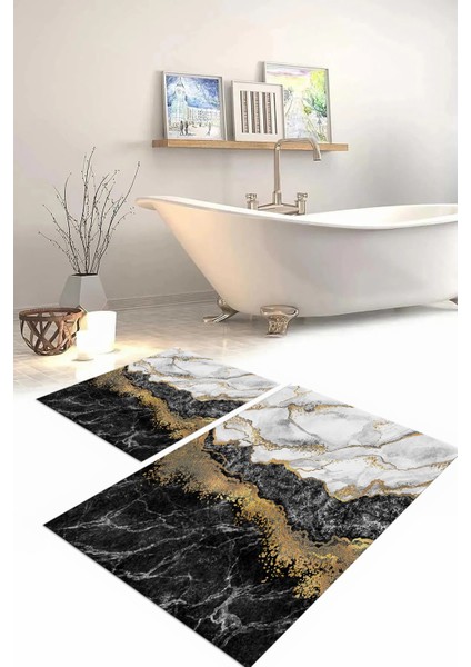 Dijital Baskılı Yıkanabilir Kaymaz Mermer Model Banyo Paspası Klozet Takımı, Klozet-55-Gri,