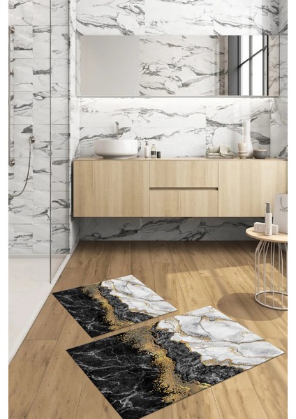 Dijital Baskılı Yıkanabilir Kaymaz Mermer Model Banyo Paspası Klozet Takımı, Klozet-55-Gri,