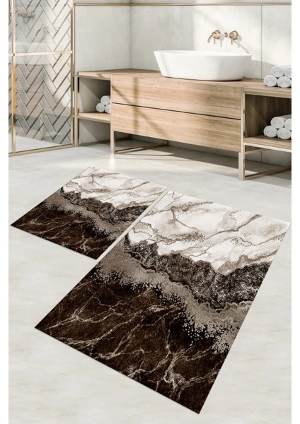 Dijital Baskılı Yıkanabilir Kaymaz Mermer Model Banyo Paspası Klozet Takımı, Klozet-55-Kahve,