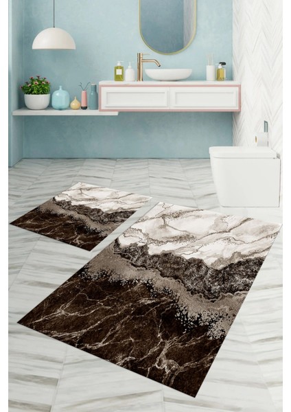 Dijital Baskılı Yıkanabilir Kaymaz Mermer Model Banyo Paspası Klozet Takımı, Klozet-55-Kahve,