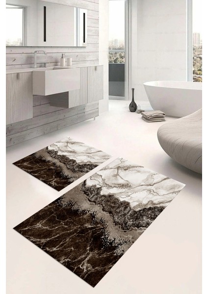 Dijital Baskılı Yıkanabilir Kaymaz Mermer Model Banyo Paspası Klozet Takımı, Klozet-55-Kahve,