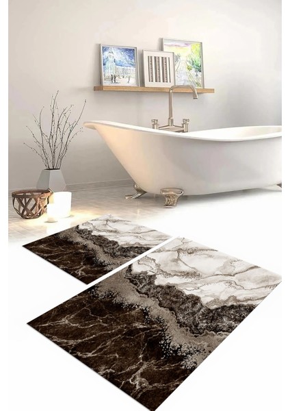 Dijital Baskılı Yıkanabilir Kaymaz Mermer Model Banyo Paspası Klozet Takımı, Klozet-55-Kahve,