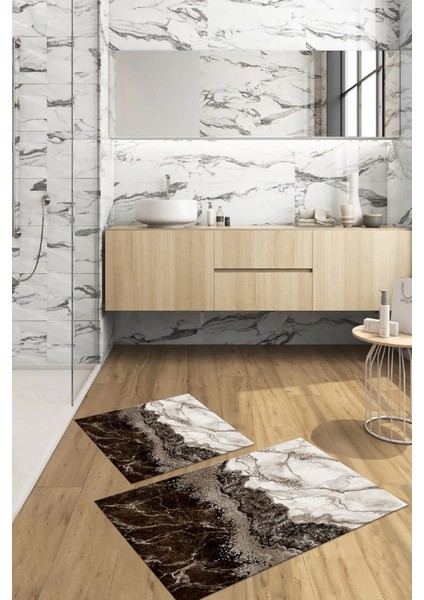 Dijital Baskılı Yıkanabilir Kaymaz Mermer Model Banyo Paspası Klozet Takımı, Klozet-55-Kahve,