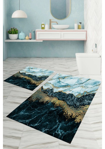 Dijital Baskılı Yıkanabilir Kaymaz Mermer Model Banyo Paspası Klozet Takımı, Klozet-55-Mavi,