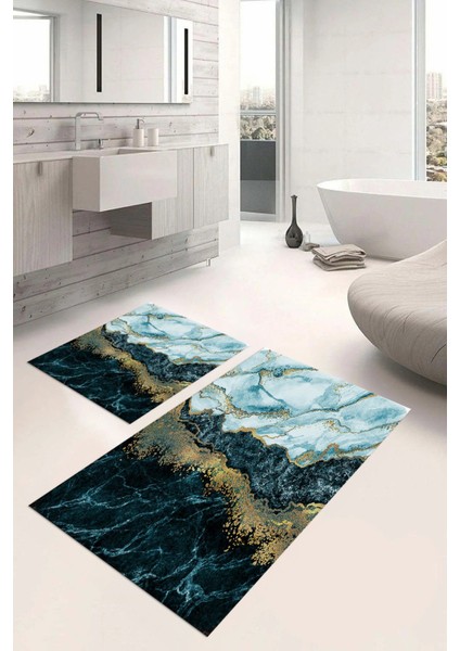 Dijital Baskılı Yıkanabilir Kaymaz Mermer Model Banyo Paspası Klozet Takımı, Klozet-55-Mavi,