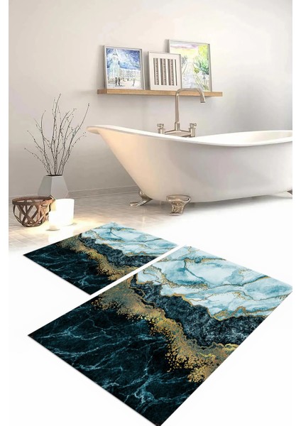 Dijital Baskılı Yıkanabilir Kaymaz Mermer Model Banyo Paspası Klozet Takımı, Klozet-55-Mavi,