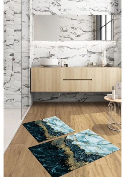 Dijital Baskılı Yıkanabilir Kaymaz Mermer Model Banyo Paspası Klozet Takımı, Klozet-55-Mavi,
