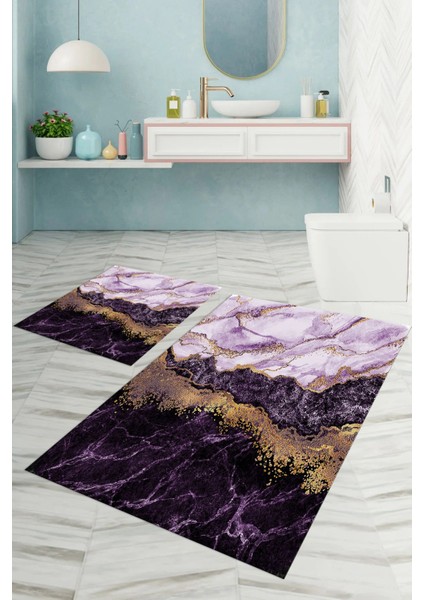 Dijital Baskılı Yıkanabilir Kaymaz Mermer Model Banyo Paspası Klozet Takımı, Klozet-55-Mor,