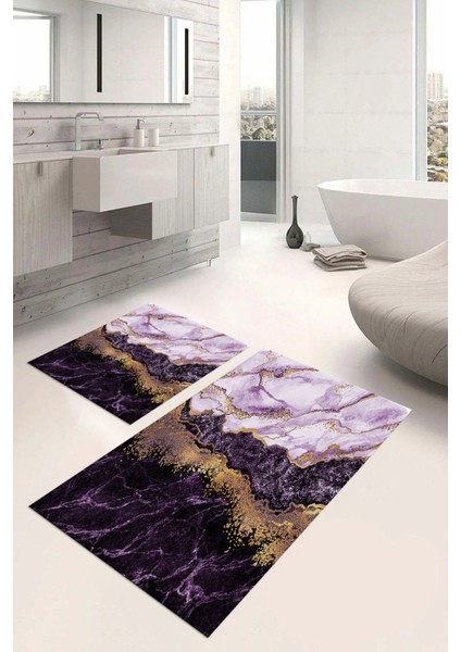 Dijital Baskılı Yıkanabilir Kaymaz Mermer Model Banyo Paspası Klozet Takımı, Klozet-55-Mor,