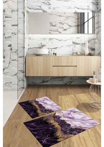 Dijital Baskılı Yıkanabilir Kaymaz Mermer Model Banyo Paspası Klozet Takımı, Klozet-55-Mor,