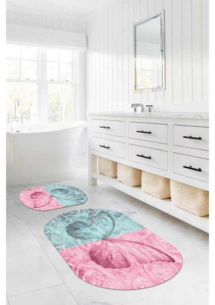 Dijital Yıkanabilir Renkli Kelebek Model Oval Banyo Paspası Klozet Takımı, Klozet-64-Renkli,