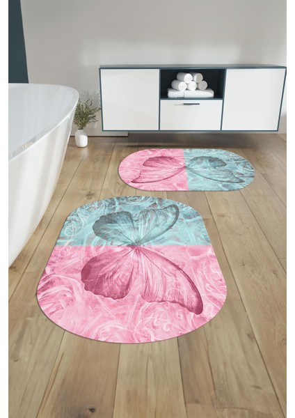 Dijital Yıkanabilir Renkli Kelebek Model Oval Banyo Paspası Klozet Takımı, Klozet-64-Renkli,