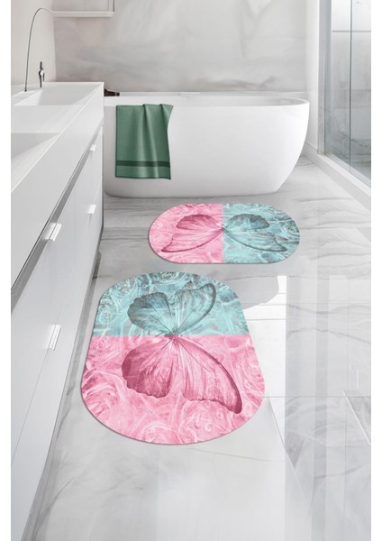 Dijital Yıkanabilir Renkli Kelebek Model Oval Banyo Paspası Klozet Takımı, Klozet-64-Renkli,