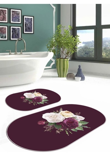 Dijital Yıkanabilir Kaymaz Çiçek Motifli Oval Banyo Paspası Klozet Takımı, Klozet-65-Bordo,