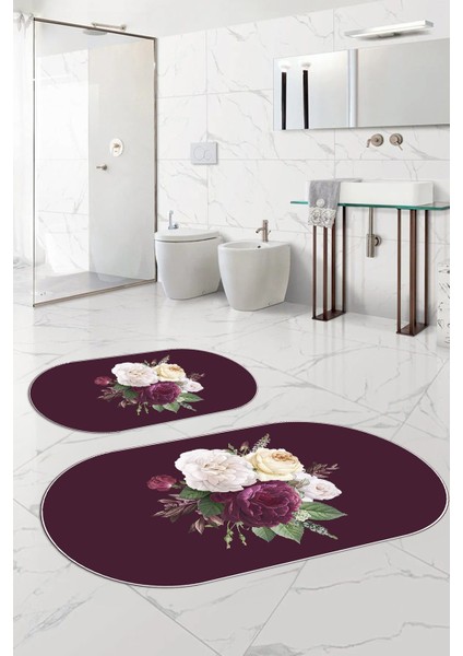 Dijital Yıkanabilir Kaymaz Çiçek Motifli Oval Banyo Paspası Klozet Takımı, Klozet-65-Bordo, fiyatları