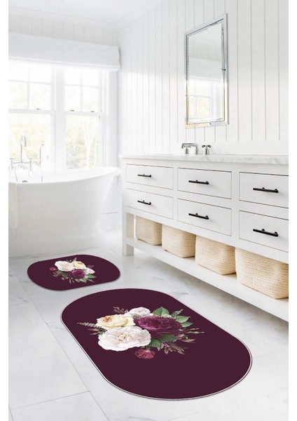 Dijital Yıkanabilir Kaymaz Çiçek Motifli Oval Banyo Paspası Klozet Takımı, Klozet-65-Bordo, modelleri