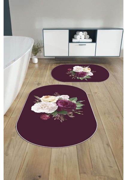 Dijital Yıkanabilir Kaymaz Çiçek Motifli Oval Banyo Paspası Klozet Takımı, Klozet-65-Bordo, fırsatları