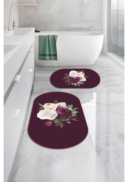 Dijital Yıkanabilir Kaymaz Çiçek Motifli Oval Banyo Paspası Klozet Takımı, Klozet-65-Bordo, indirimleri