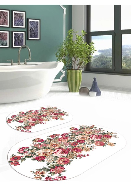 Dijital Yıkanabilir Renkli Çiçek Desenli Oval Banyo Paspası Klozet Takımı, Klozet-66-Beyaz,