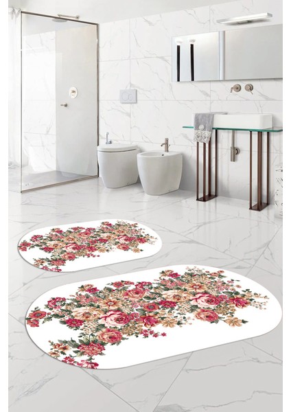 Dijital Yıkanabilir Renkli Çiçek Desenli Oval Banyo Paspası Klozet Takımı, Klozet-66-Beyaz, fiyatları
