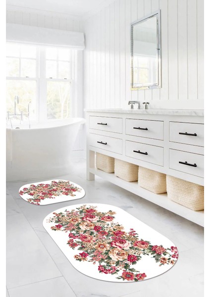 Dijital Yıkanabilir Renkli Çiçek Desenli Oval Banyo Paspası Klozet Takımı, Klozet-66-Beyaz, modelleri