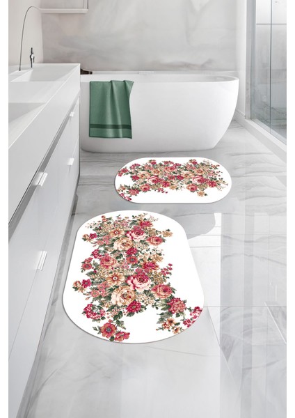 Dijital Yıkanabilir Renkli Çiçek Desenli Oval Banyo Paspası Klozet Takımı, Klozet-66-Beyaz, indirimleri