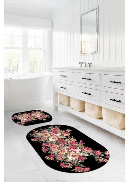 Dijital Yıkanabilir Renkli Çiçek Desenli Oval Banyo Paspası Klozet Takımı, Klozet-66-Siyah, modelleri