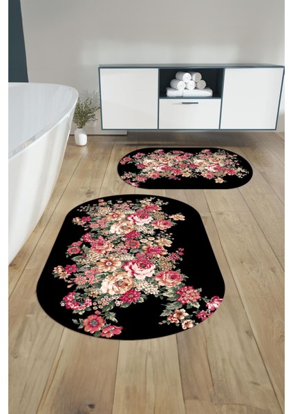 Dijital Yıkanabilir Renkli Çiçek Desenli Oval Banyo Paspası Klozet Takımı, Klozet-66-Siyah, fırsatları