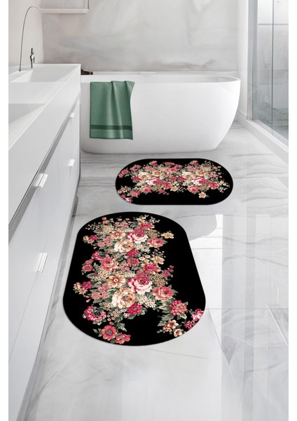 Dijital Yıkanabilir Renkli Çiçek Desenli Oval Banyo Paspası Klozet Takımı, Klozet-66-Siyah, indirimleri
