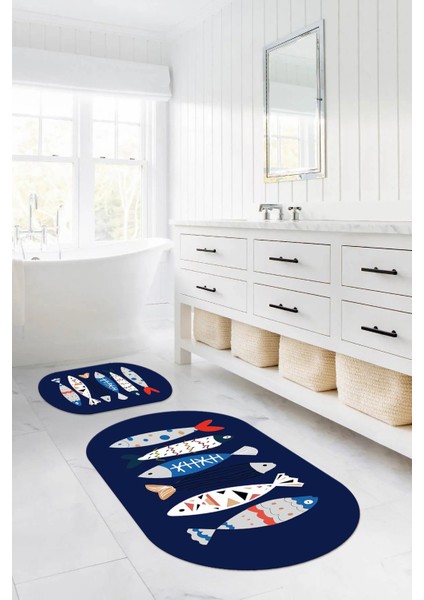Dijital Yıkanabilir Renkli Balık Desenli Oval Banyo Paspası Klozet Takımı, Klozet-69-Lacivert,