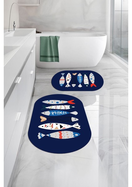 Dijital Yıkanabilir Renkli Balık Desenli Oval Banyo Paspası Klozet Takımı, Klozet-69-Lacivert,