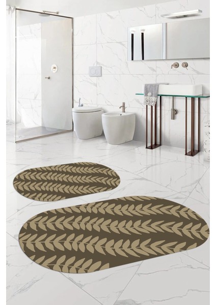 Dijital Baskılı Yıkanabilir Kaymaz Yaprak Desenli Oval Banyo Paspası Klozet Takımı, Klozet-74-Bej,