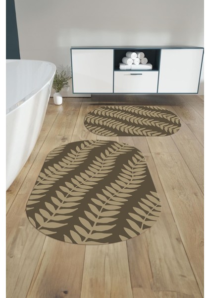 Dijital Baskılı Yıkanabilir Kaymaz Yaprak Desenli Oval Banyo Paspası Klozet Takımı, Klozet-74-Bej,