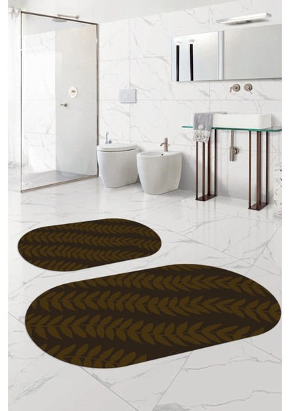 Dijital Baskılı Yıkanabilir Kaymaz Yaprak Desenli Oval Banyo Paspası Klozet Takımı, Klozet-74-Kahve,