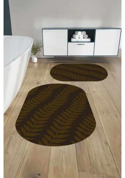 Dijital Baskılı Yıkanabilir Kaymaz Yaprak Desenli Oval Banyo Paspası Klozet Takımı, Klozet-74-Kahve,