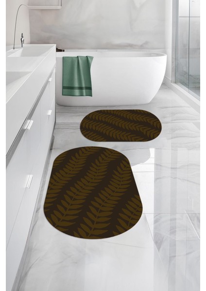 Dijital Baskılı Yıkanabilir Kaymaz Yaprak Desenli Oval Banyo Paspası Klozet Takımı, Klozet-74-Kahve,