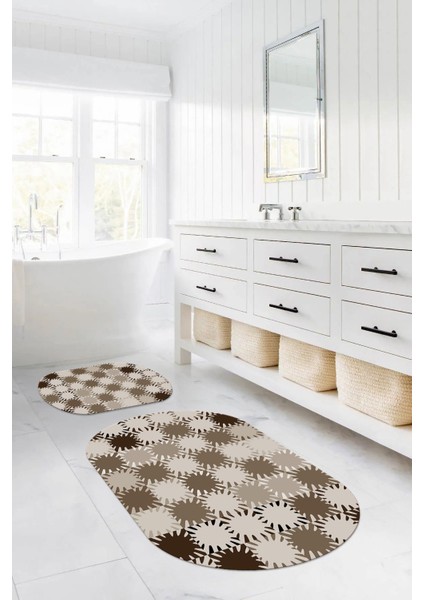 Dijital Baskılı Yıkanabilir Kaymaz Sade Modern Oval Banyo Paspası Klozet Takımı, Klozet-75-Kahve,