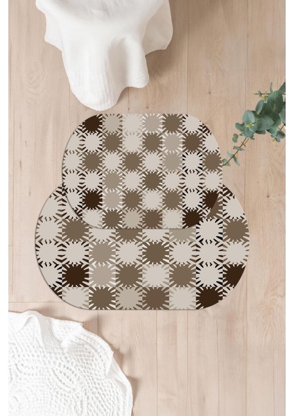 Dijital Baskılı Yıkanabilir Kaymaz Sade Modern Oval Banyo Paspası Klozet Takımı, Klozet-75-Kahve,