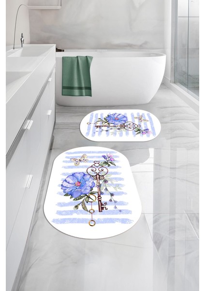 Dijital Baskılı Yıkanabilir Kaymaz Gül Motifli Oval Banyo Paspası Klozet Takımı, Klozet-77-Mor, modelleri