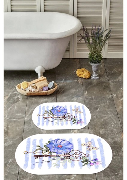 Dijital Baskılı Yıkanabilir Kaymaz Gül Motifli Oval Banyo Paspası Klozet Takımı, Klozet-77-Mor, indirimleri
