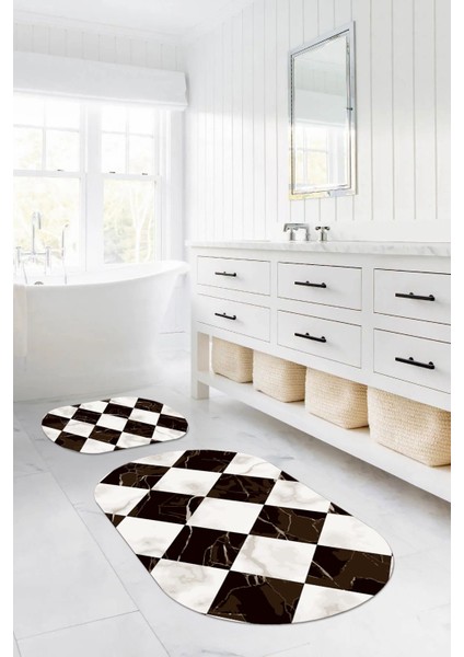 Dijital Yıkanabilir Mermer Zemin Desenli Oval Banyo Paspası Klozet Takımı, Klozet-78-Kahve,