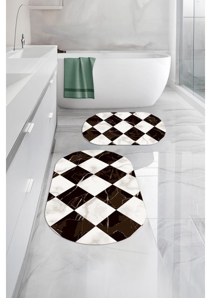 Dijital Yıkanabilir Mermer Zemin Desenli Oval Banyo Paspası Klozet Takımı, Klozet-78-Kahve, modelleri