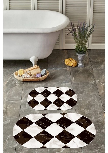 Dijital Yıkanabilir Mermer Zemin Desenli Oval Banyo Paspası Klozet Takımı, Klozet-78-Kahve, indirimleri