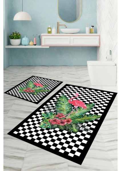 Dijital Baskılı Yıkanabilir Kaymaz Flamingo Desenli Banyo Paspası Klozet Takımı, Klozet-62-Siyah,