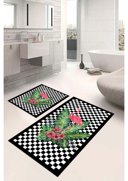 Dijital Baskılı Yıkanabilir Kaymaz Flamingo Desenli Banyo Paspası Klozet Takımı, Klozet-62-Siyah,