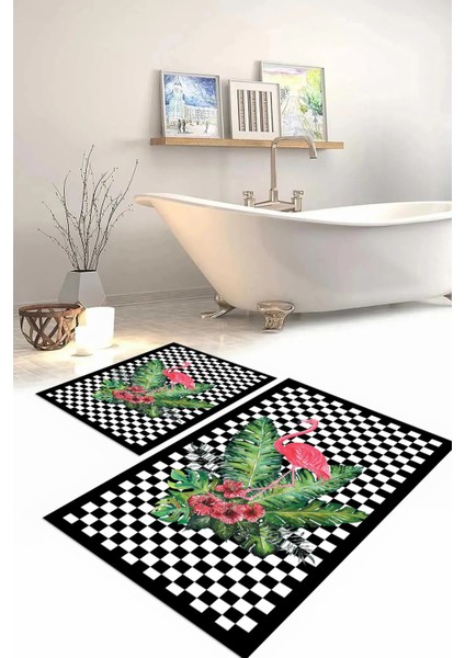 Dijital Baskılı Yıkanabilir Kaymaz Flamingo Desenli Banyo Paspası Klozet Takımı, Klozet-62-Siyah,