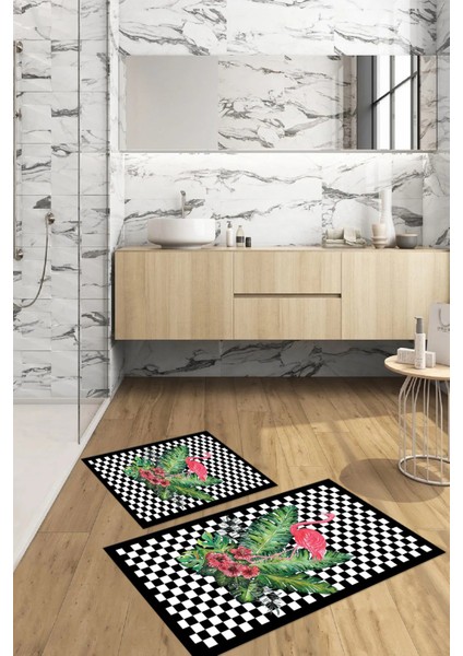 Dijital Baskılı Yıkanabilir Kaymaz Flamingo Desenli Banyo Paspası Klozet Takımı, Klozet-62-Siyah,