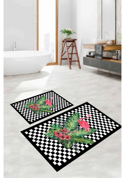 Dijital Baskılı Yıkanabilir Kaymaz Flamingo Desenli Banyo Paspası Klozet Takımı, Klozet-62-Siyah,