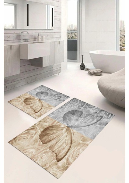 Dijital Baskılı Yıkanabilir Renkli Kelebek Model Banyo Paspası Klozet Takımı, Klozet-64-Kahve,