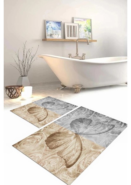 Dijital Baskılı Yıkanabilir Renkli Kelebek Model Banyo Paspası Klozet Takımı, Klozet-64-Kahve,
